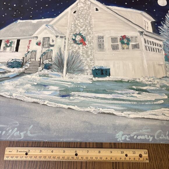 Original Signed Christmas Architecture Painting Snowy Starry Winter Sky - Picture 7 of 10